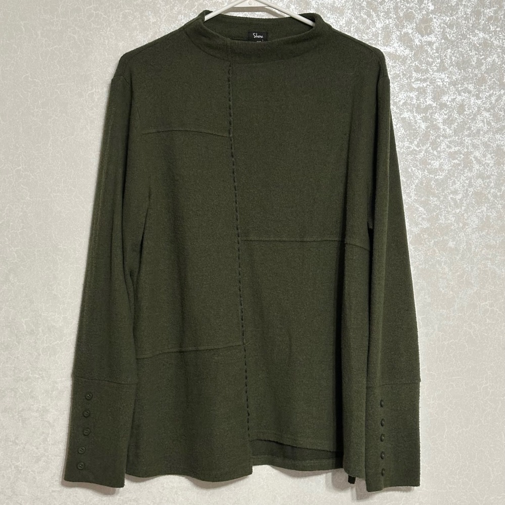 Shana Mock Neck Button Cuff Sweater Top Exposed Seam Knit Olive Green Boho M